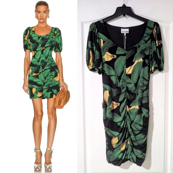 Ganni | Banana Print Ruched Jersey Mini Dress - Picture 1 of 14